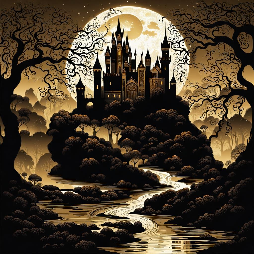 Abstract Gothic Castle in Gold and Black