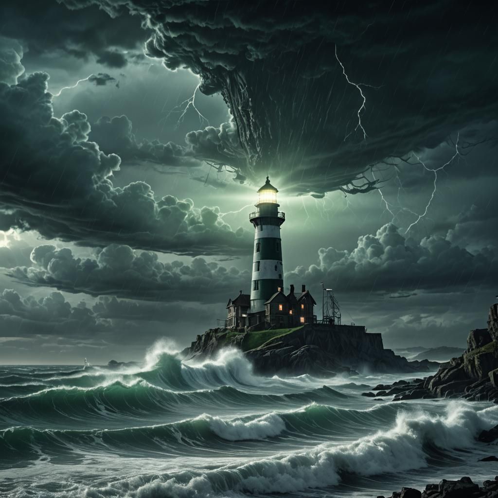 Lighthouse Battles Monsters in German Expressionist Style