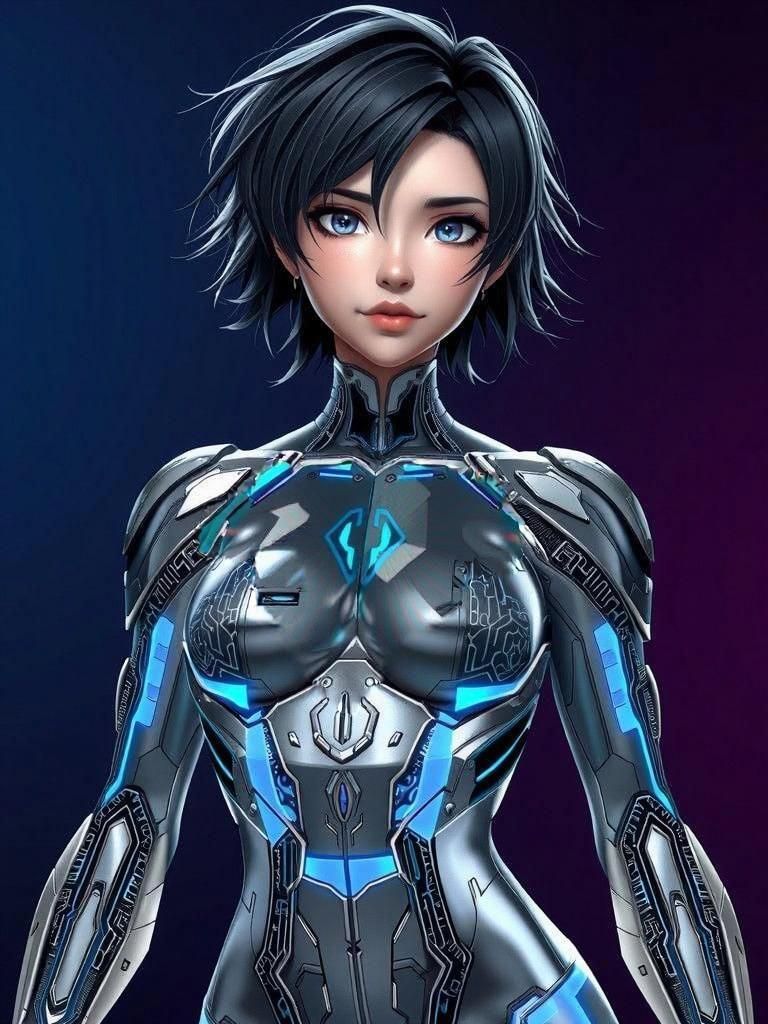 Futuristic Female Cyborg with Glowing Circuits in 3D Anime A...