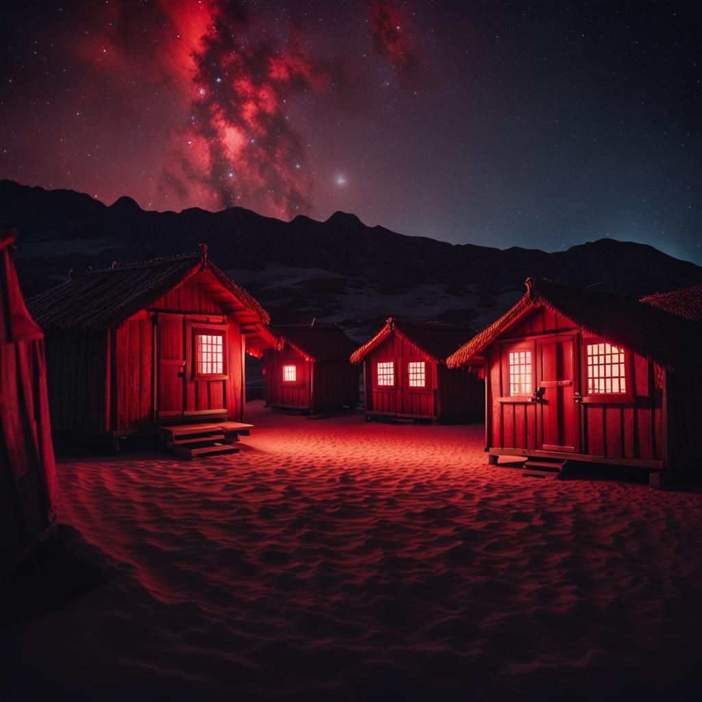 Desert Village Under Red Starry Night