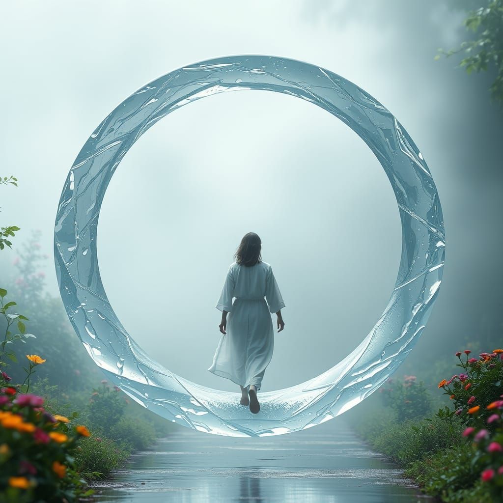 Ethereal Water Ring Follows Figure in Misty Garden