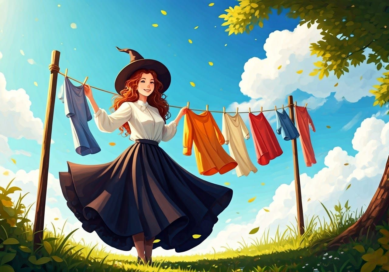 Joyful Witch Doing Laundry on a Sunny Day