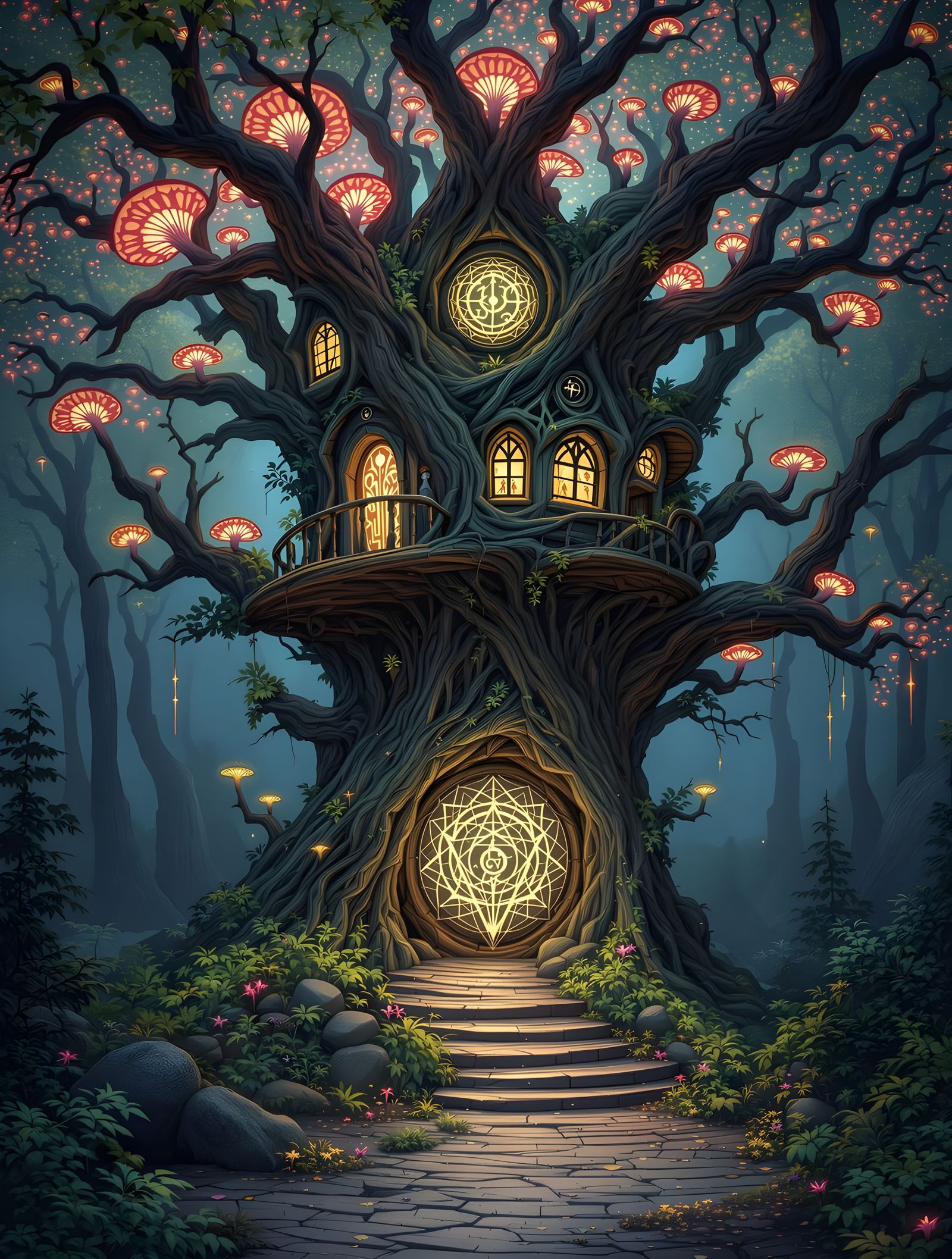 Hidden Treehouse in Mystical Forest with Ethereal Creatures