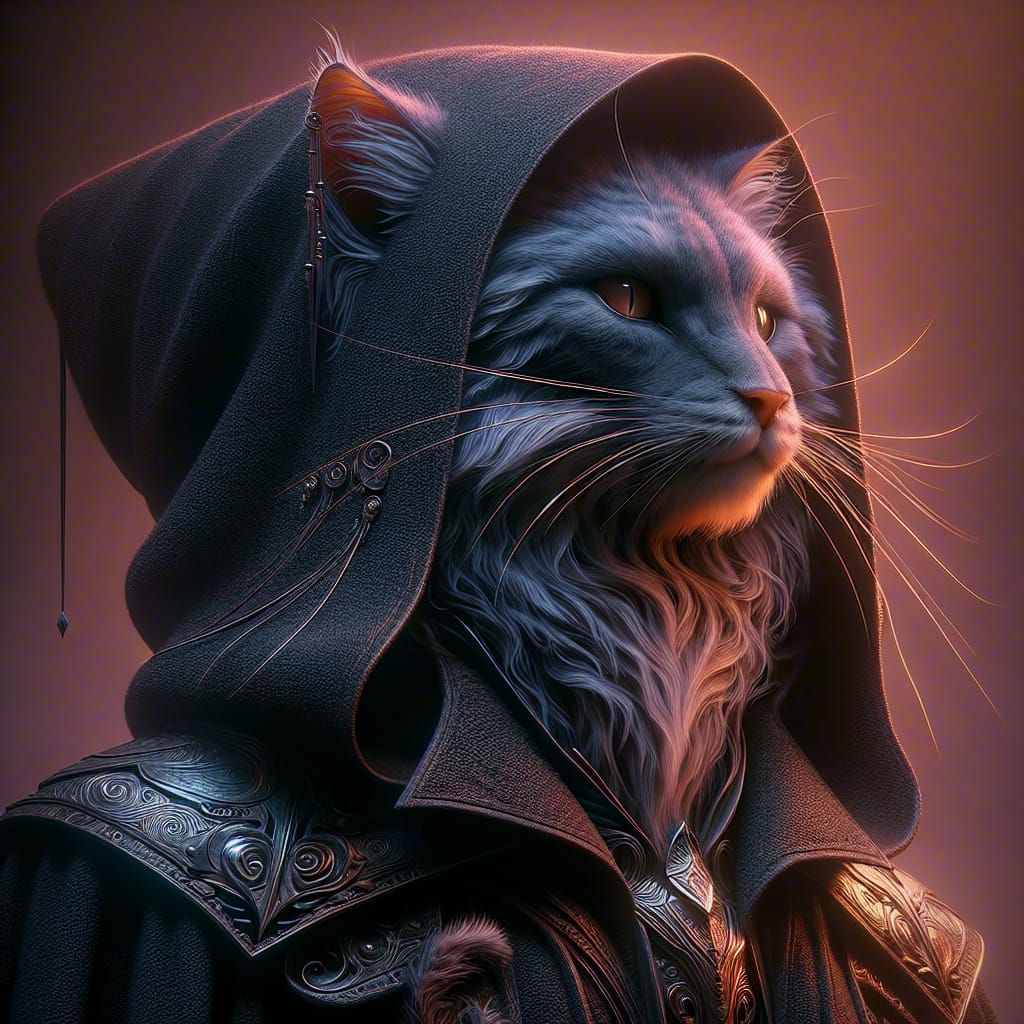 Grey Tabaxi Rogue in Black Cloak, Digital Art