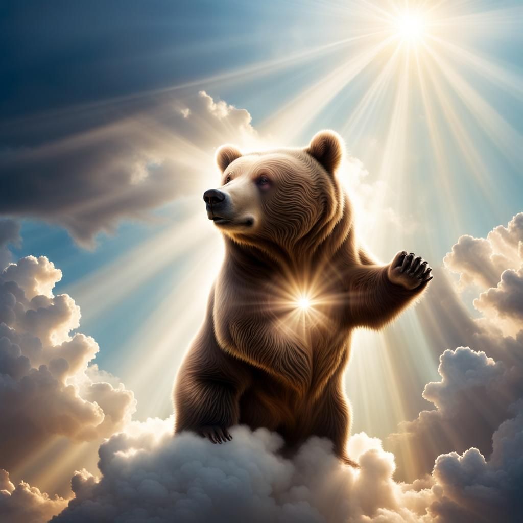 Bear in Divine Sunshine Among Clouds