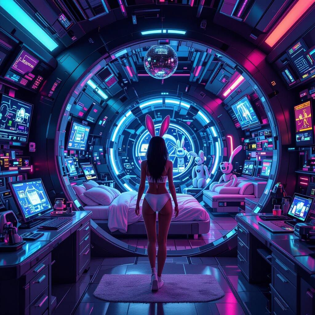 Futuristic Bunny Warren with Neon-Lit Cyberpunk Rooms