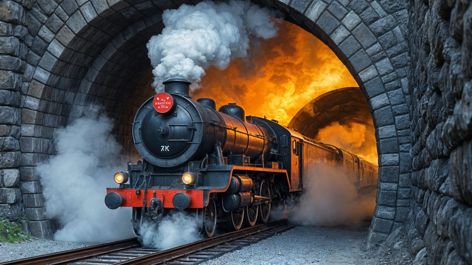 Vintage Steam Train Erupts from Foggy Tunnel