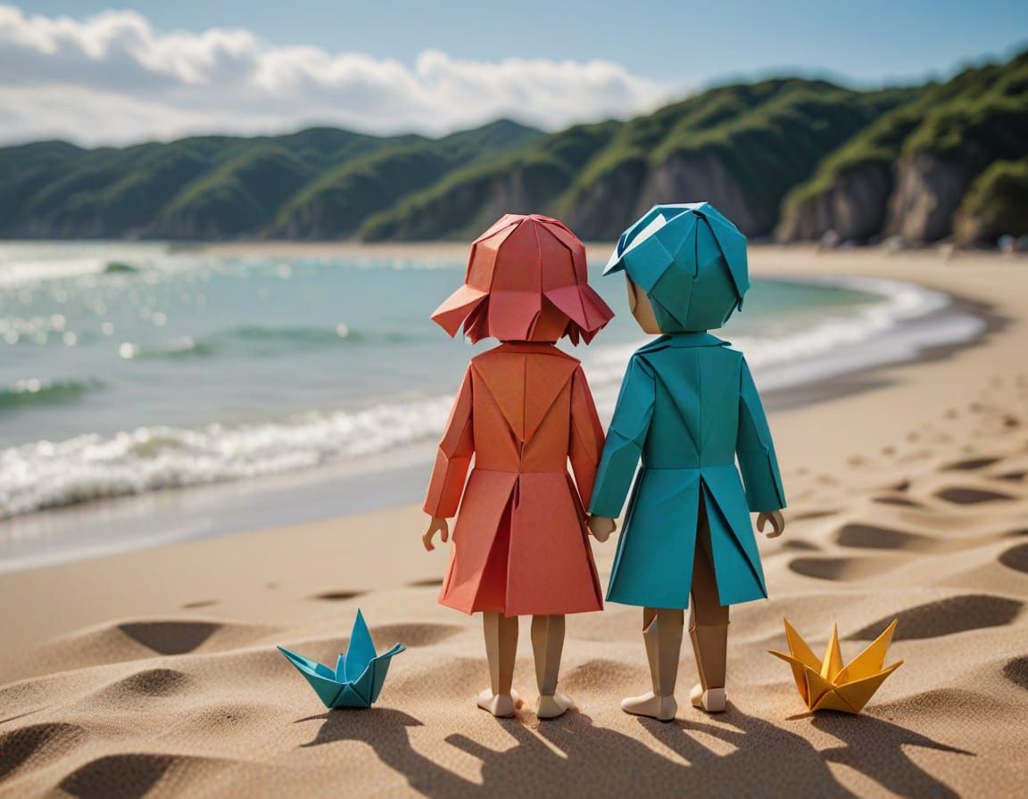 Origami Paper Children Hugging on Beach