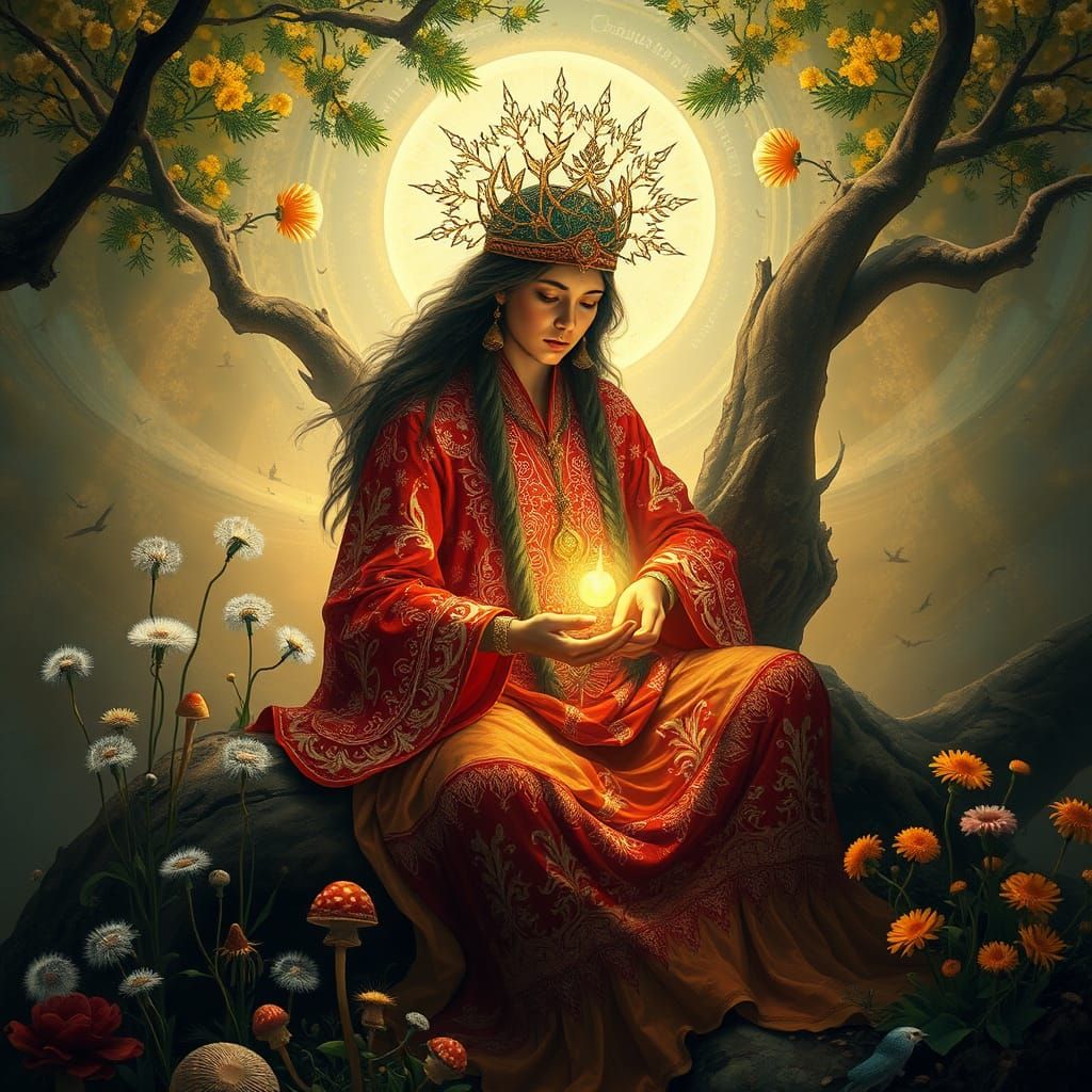 Surreal Shaman in Cosmic Forest, Adorned in Intricate Red an...