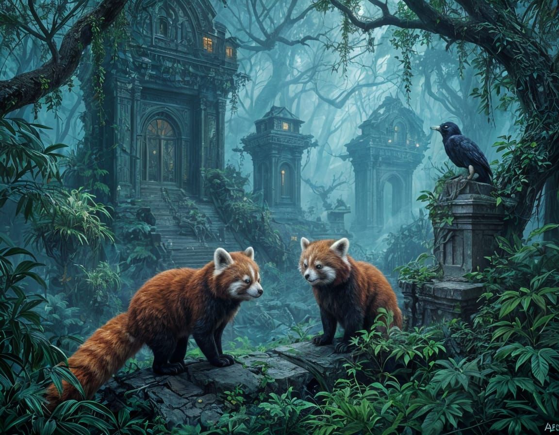 Two Red Pandas Explore Dark Fantasy Forest Ruins