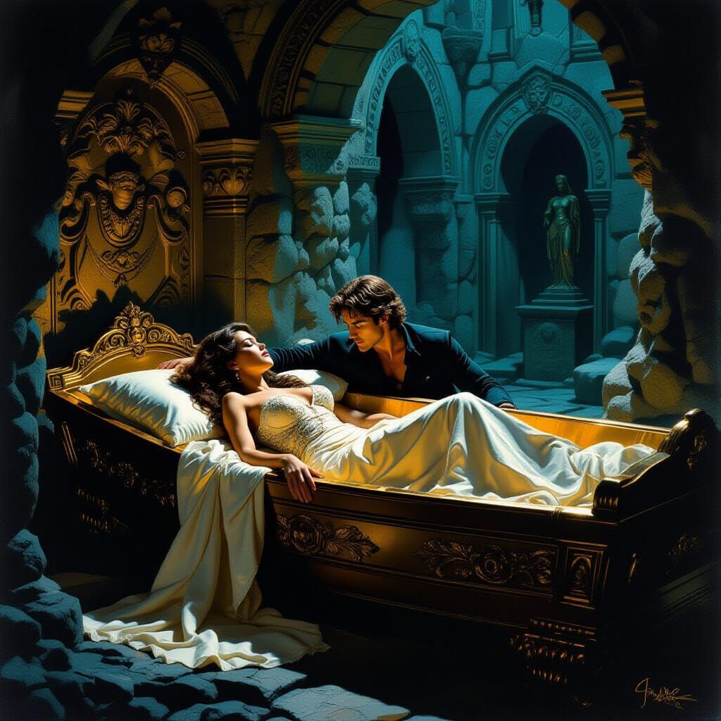 Woman Awakens in Golden Coffin, Frazetta Style