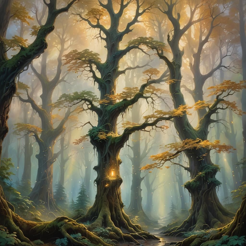 Mystical Forest: Towering Trees in Ethereal Light
