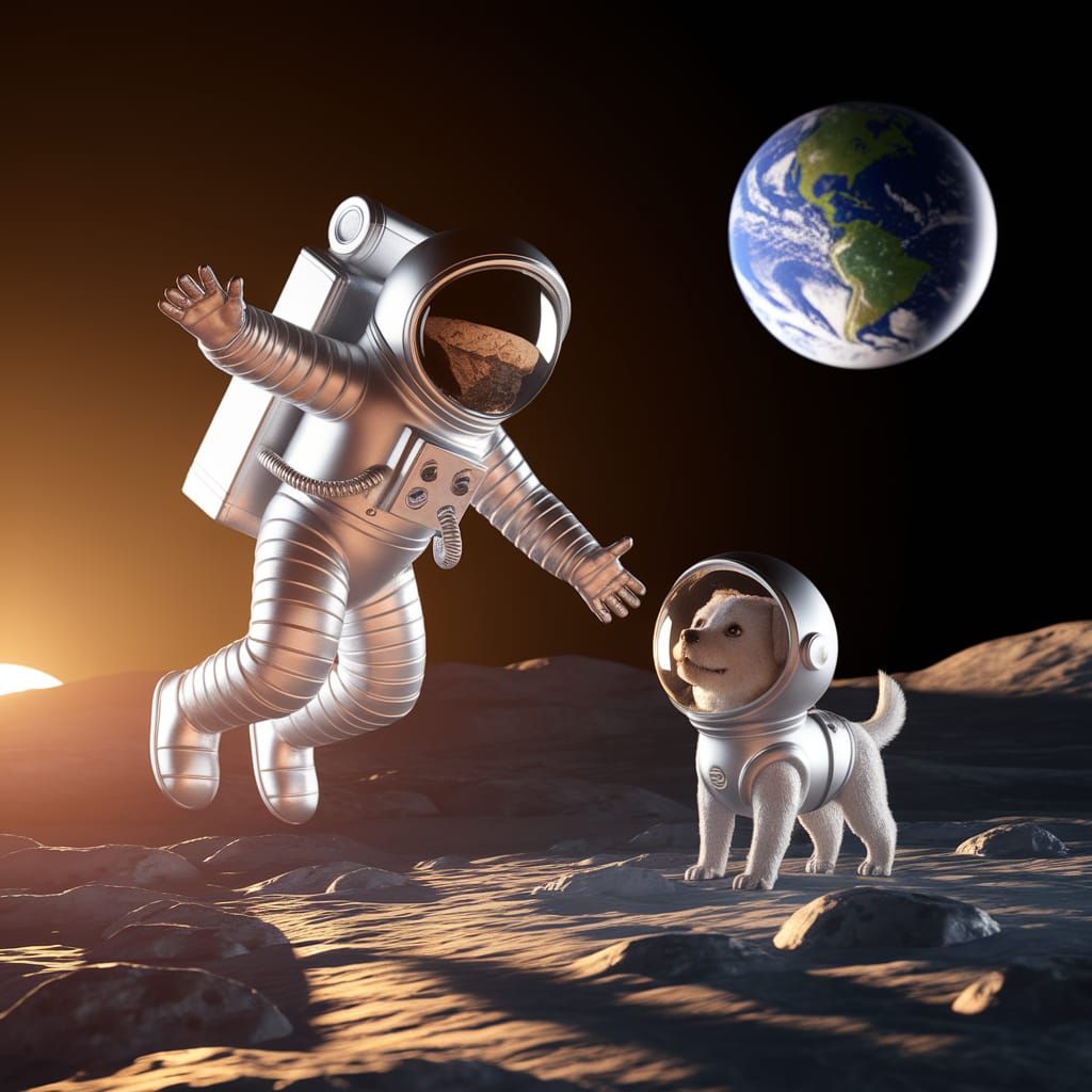 Astronaut and Space Dog Soar to the Moon