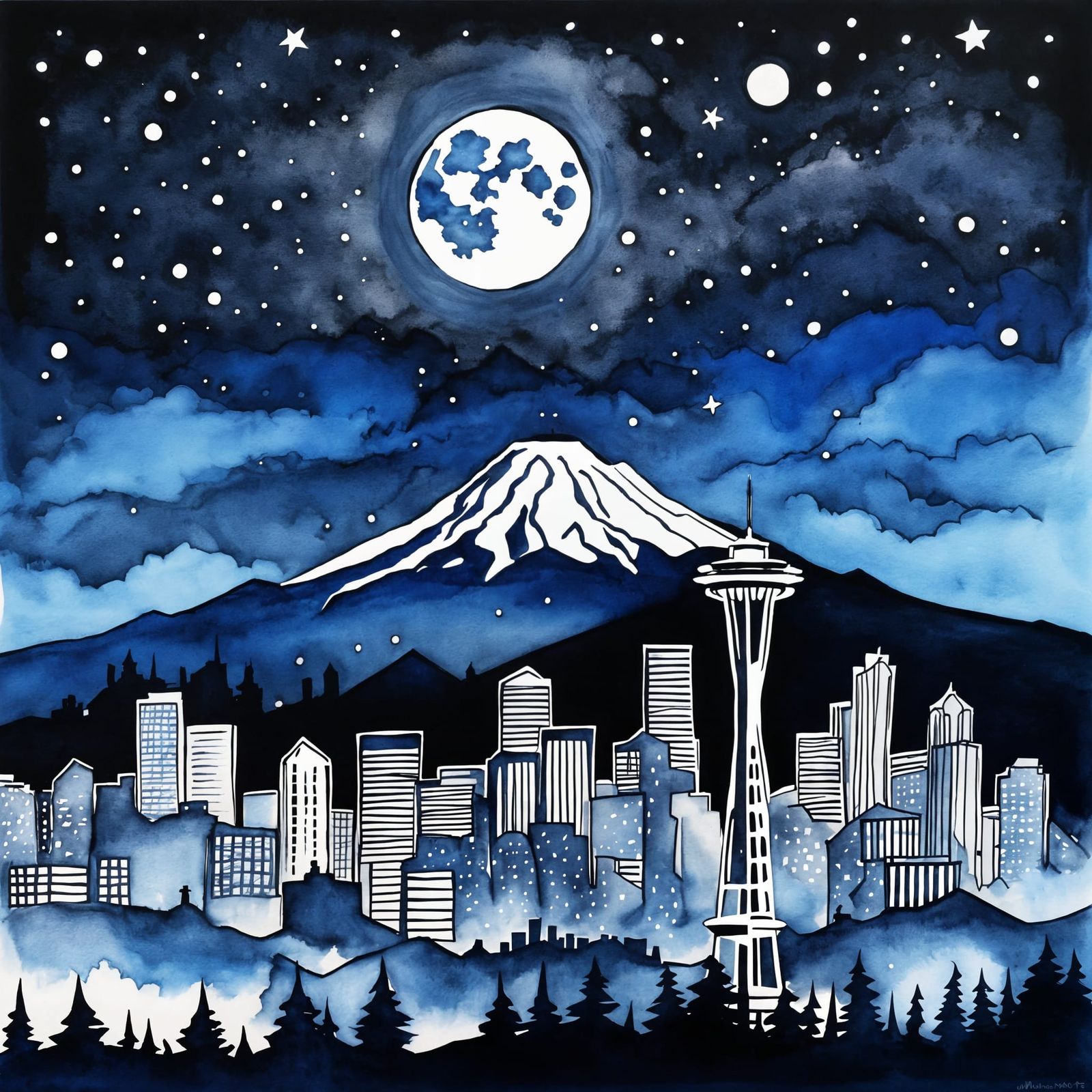 Seattle Skyline at Night in Paper-Cut Style