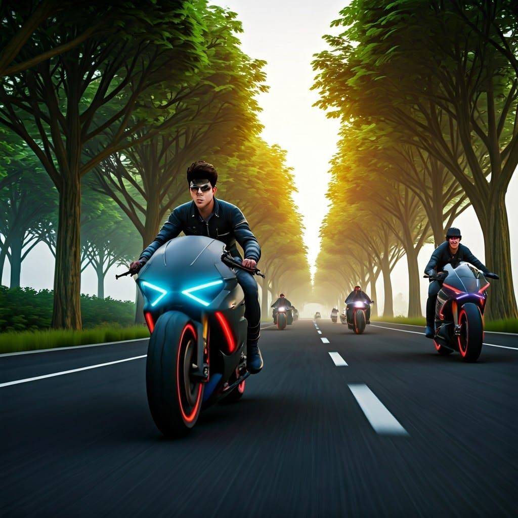 Futuristic Biker Party Speeds Past Majestic Trees