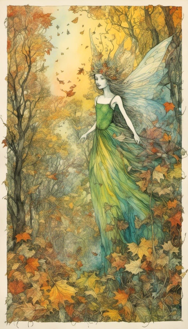 <lora:Fall Fairies:1.0> surreal autumn seasonal portal, leaves, fall fairy tale , highly detailed drawing a h...