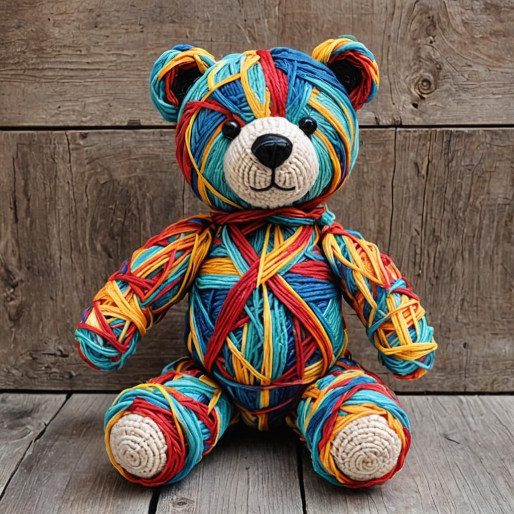 Colorful Yarn Teddy Bear: AI Generated Image