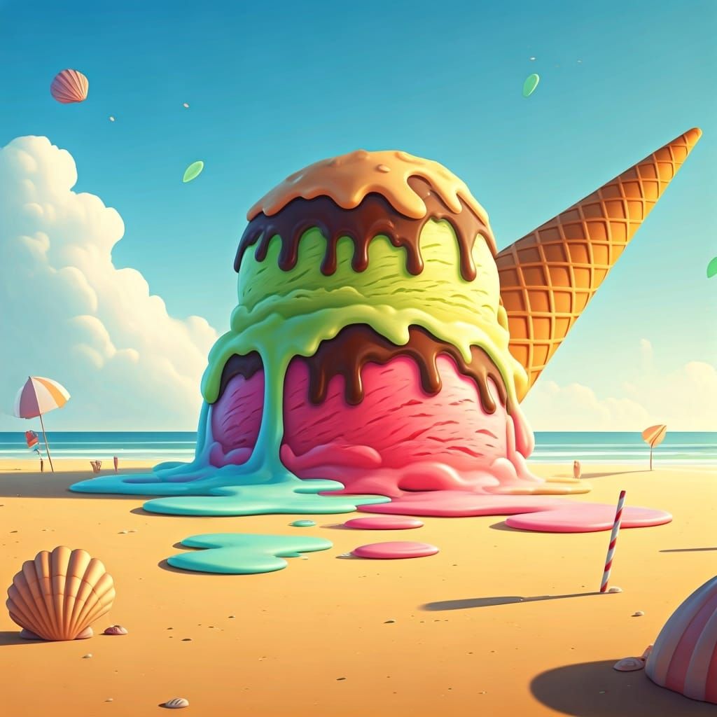 Giant Ice Cream Sundae Melts on Sunny Beach