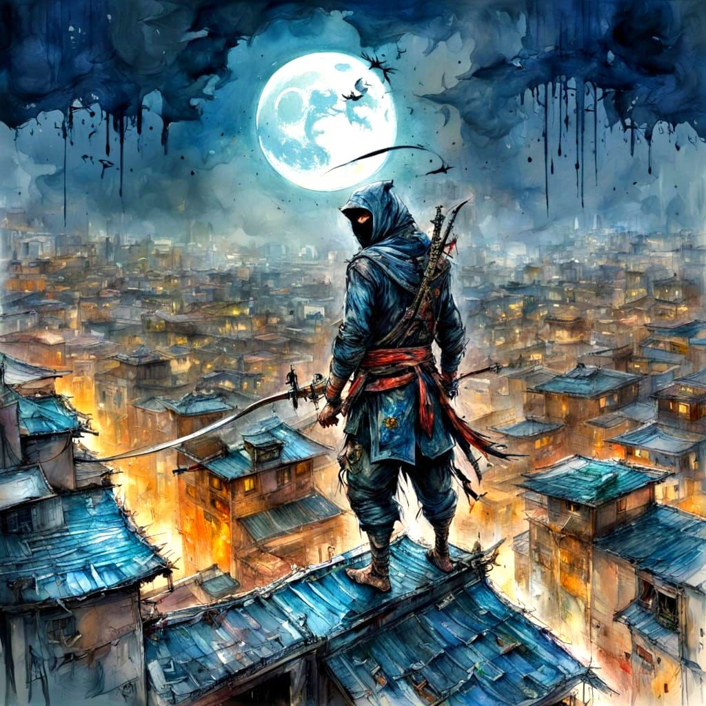 Ninja Infiltration Mission in Watercolour Style