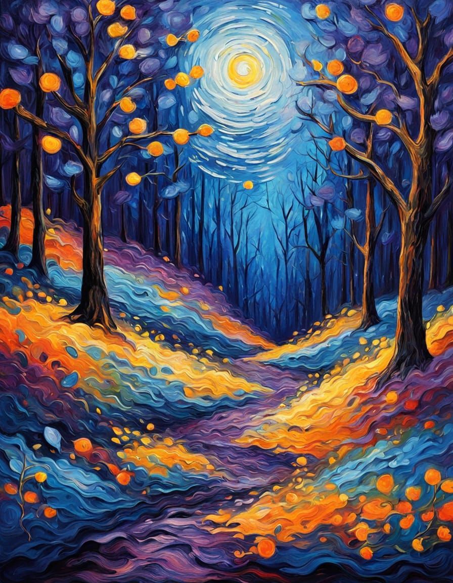 Vibrant Expressionist Painting in a Dark Forest
