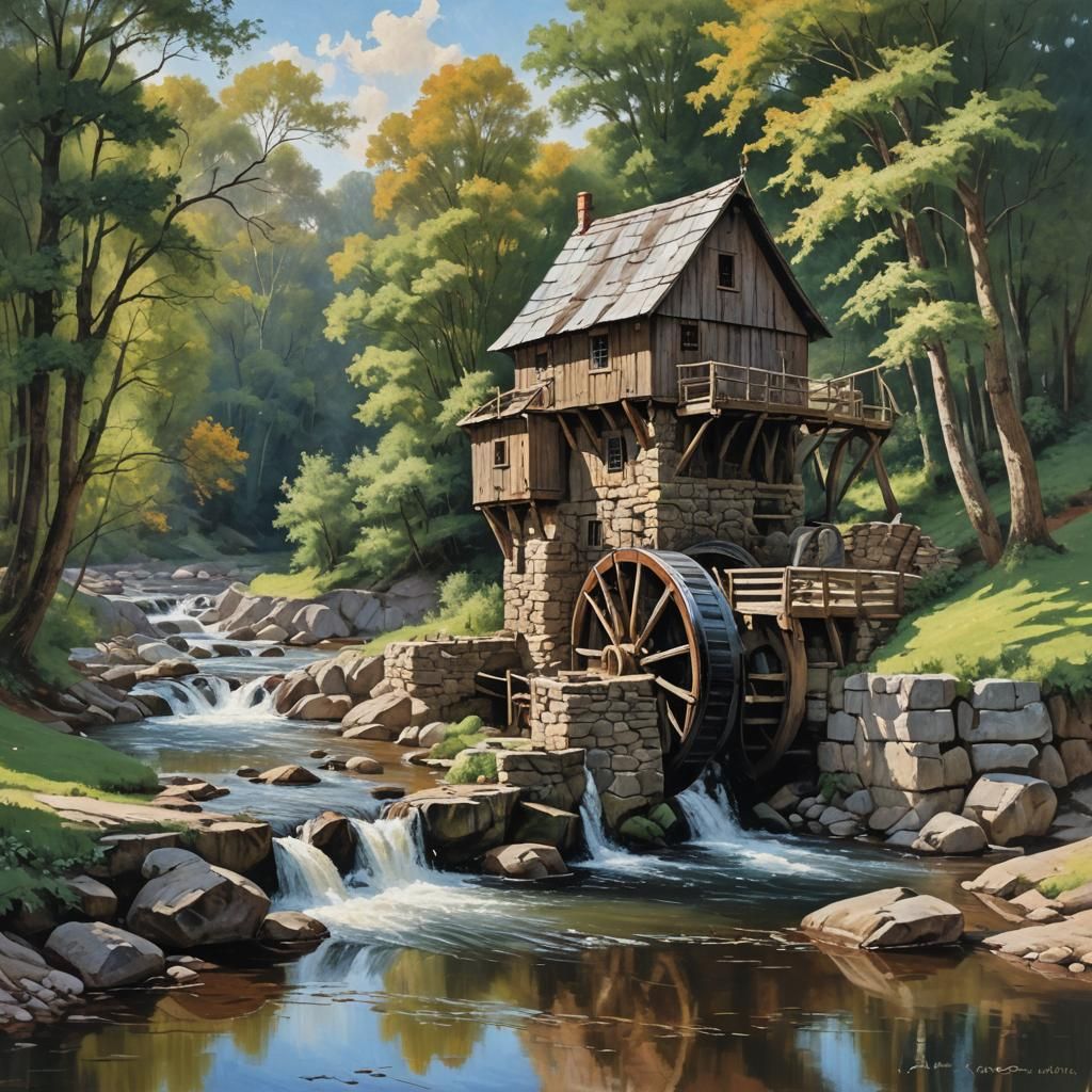 Riverside Watermill as Oil Painting