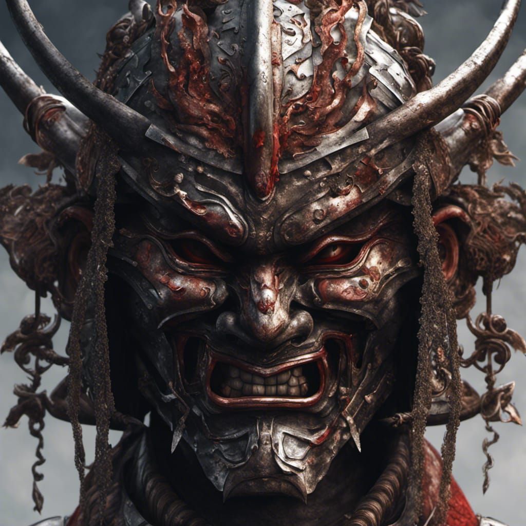 Detailed Steel Samurai Mask in Dark Fantasy Style