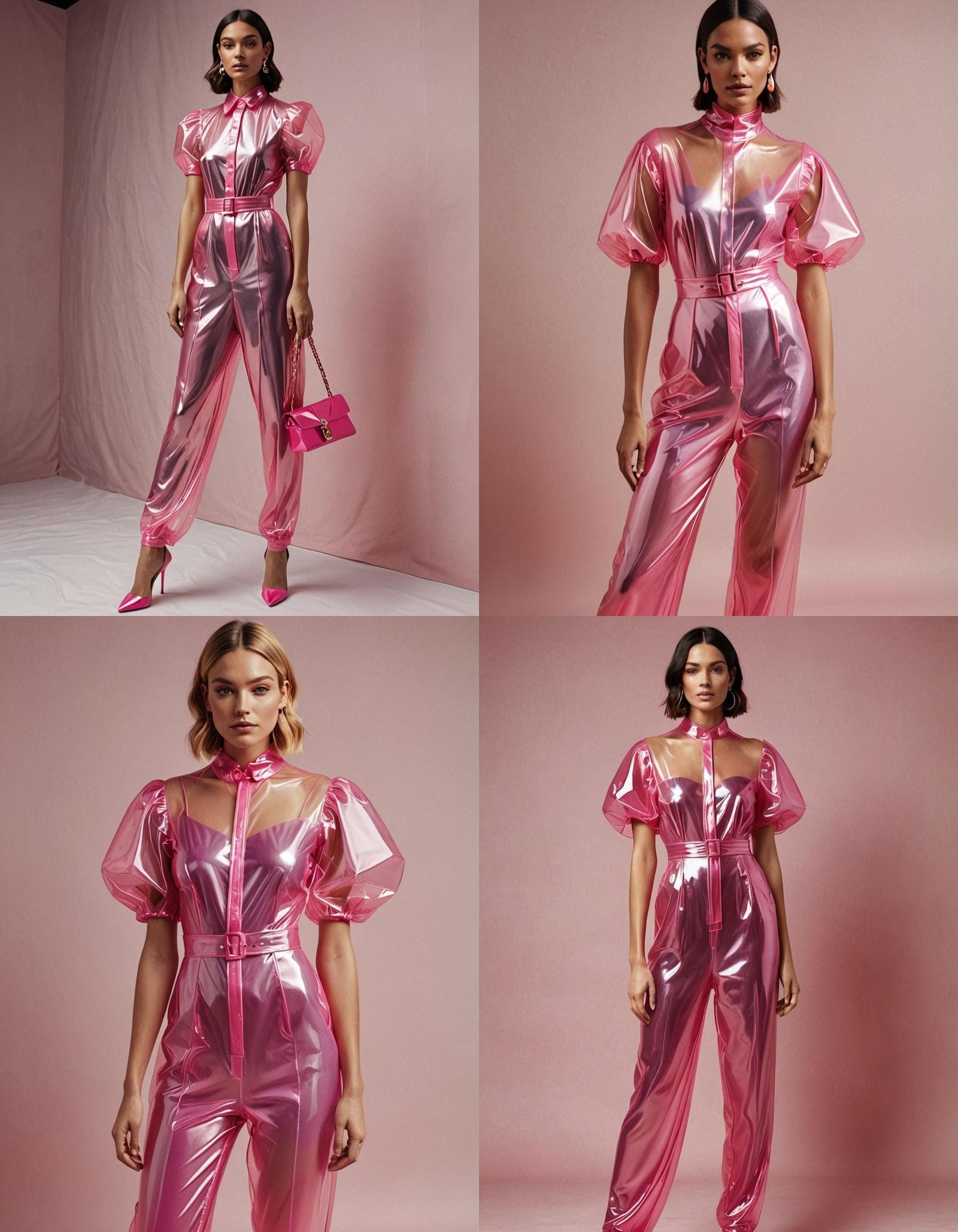 Woman in Transparent Pink Plastic Jumpsuit