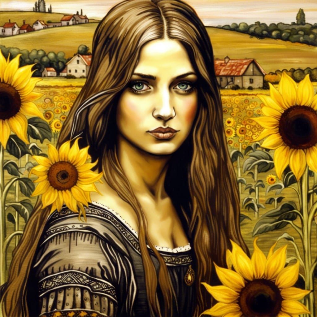 Medieval Beauty Amidst Sunflowers, Pre-Raphaelite Style