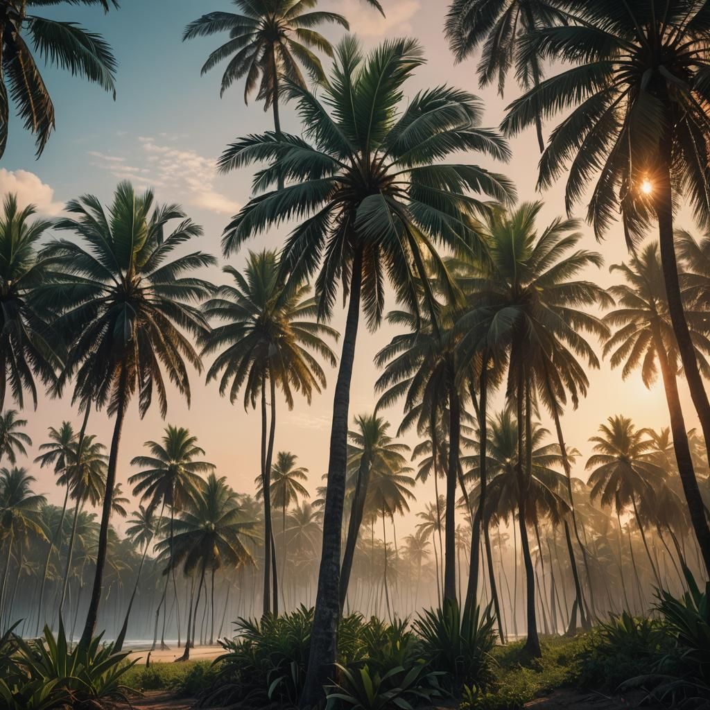 Hyperrealistic Palms on Ocean Shore at Dawn