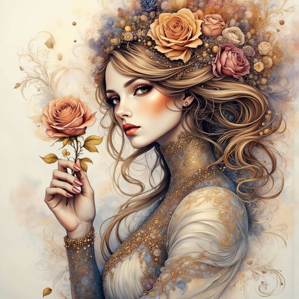 Belle Holding Rose: Pen and Ink Masterpiece