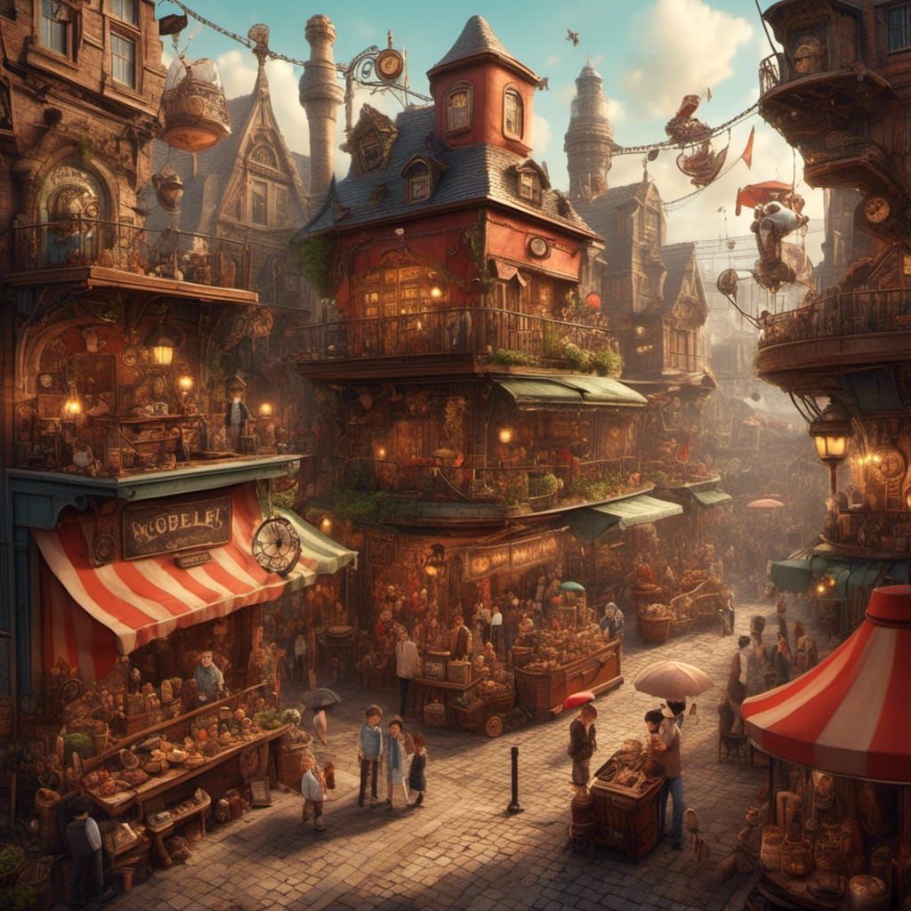 Steampunk Marketplace Aerial View in 2D Illustration