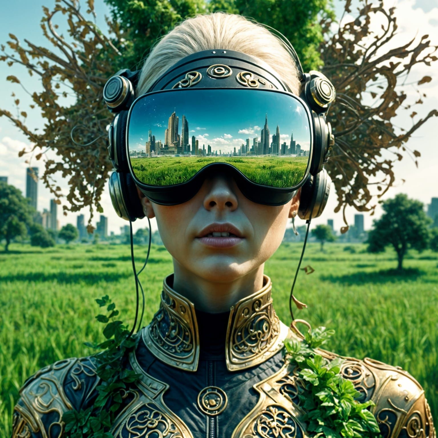 Woman in VR Headset Reflects Dystopian Cityscape