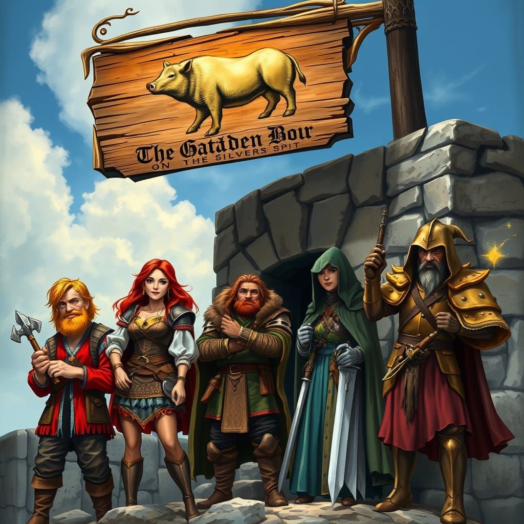 Medieval Tavern Sign with Heroes in Fantasy Art Style