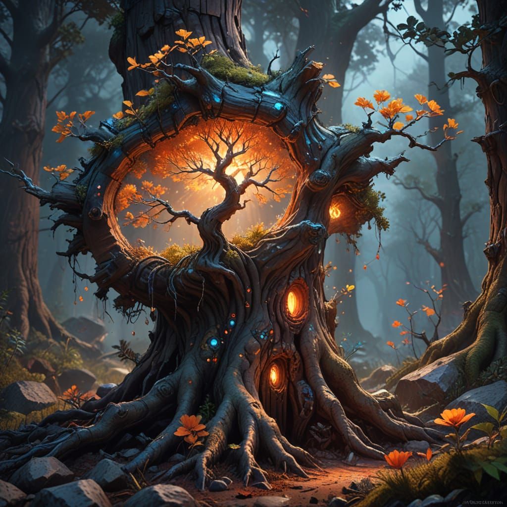 Vibrant Tree in Mystical Forest, Inspired by Pop Art