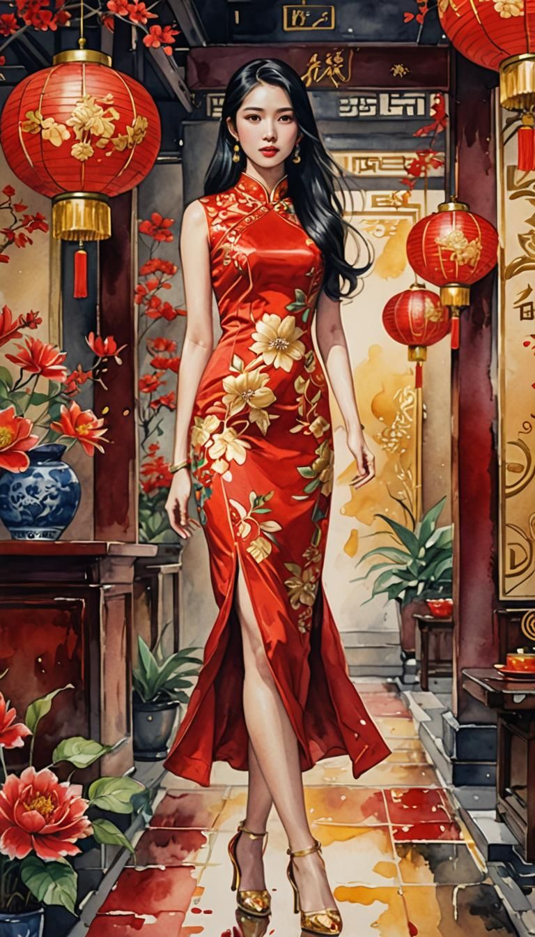 Asian Woman in Cheongsam: Watercolor Night Party
