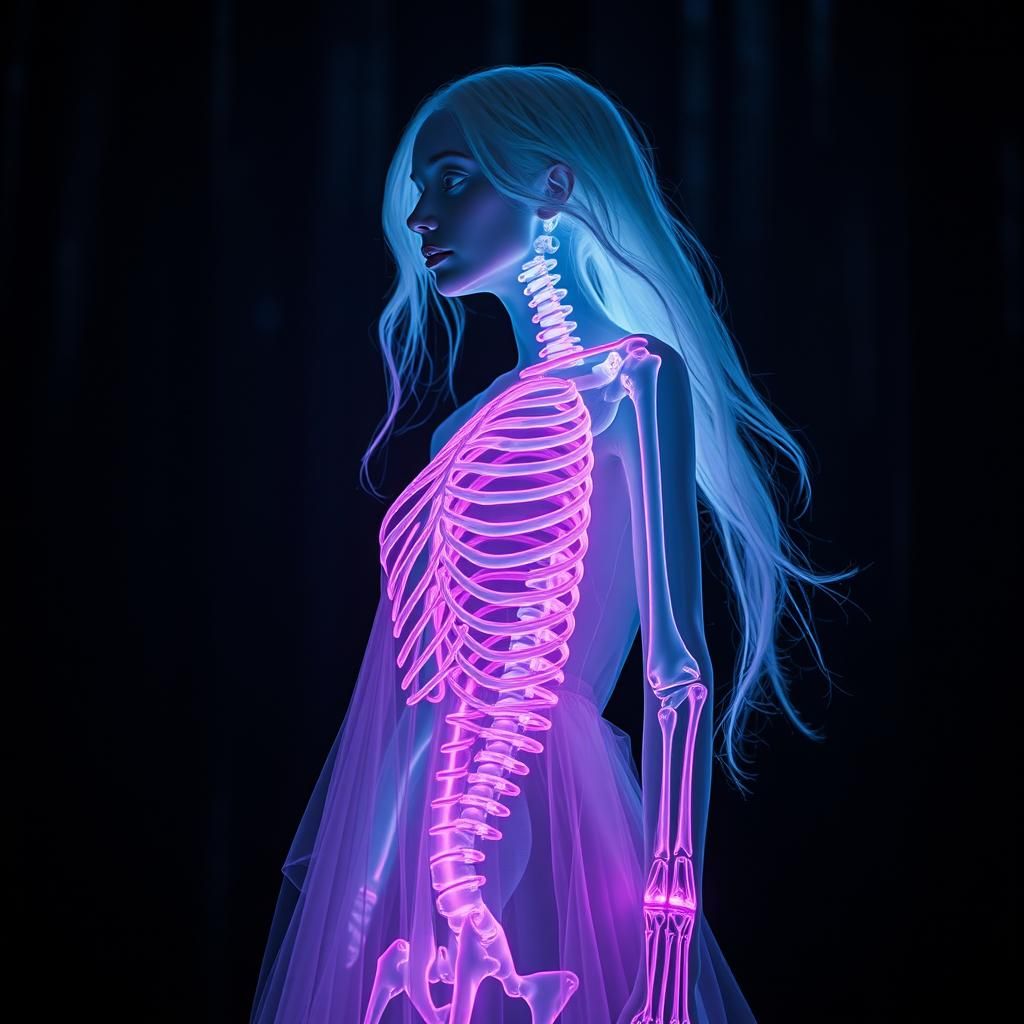 Albino Woman with Neon Skeleton in Misty Woods