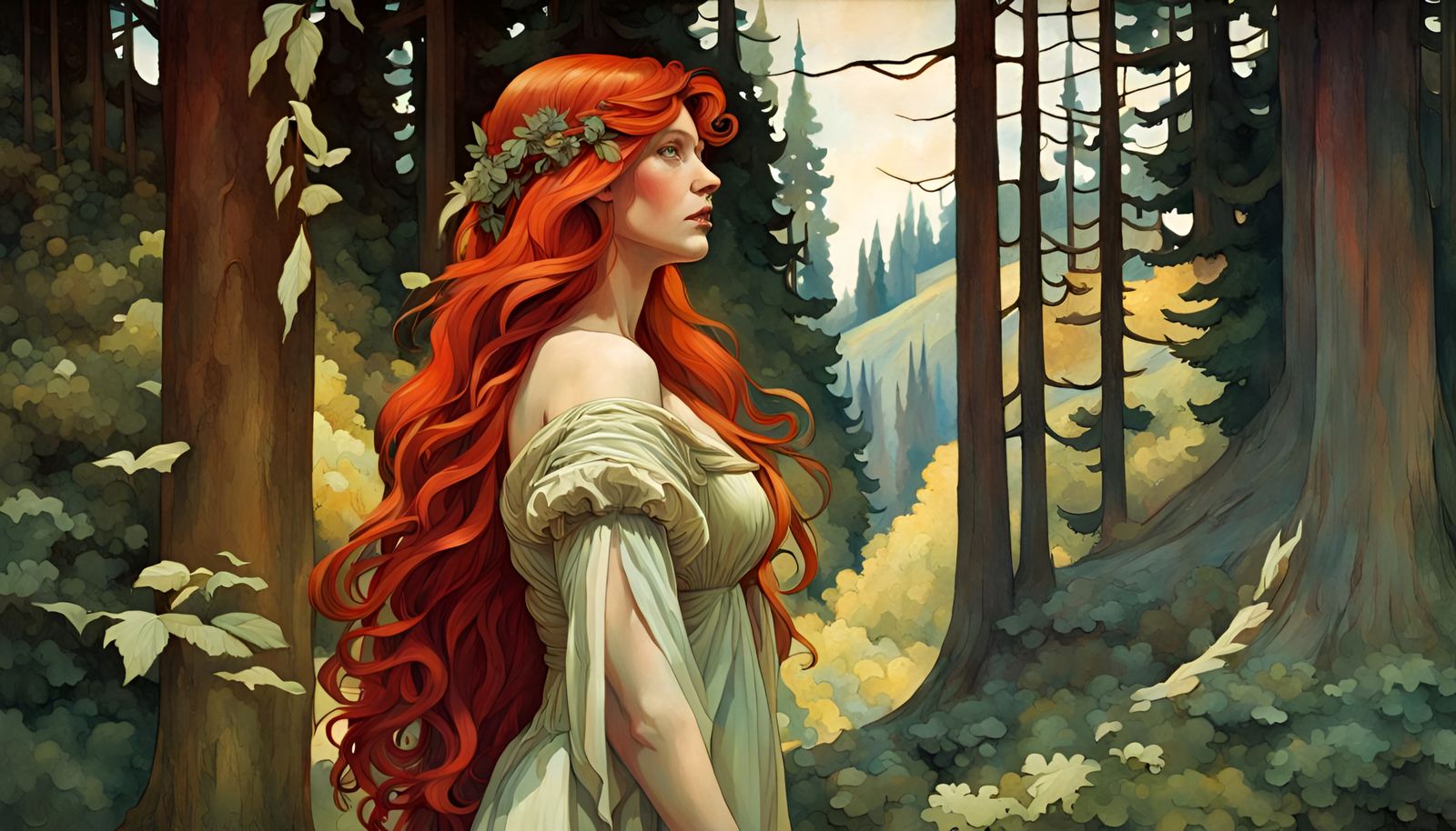 Red Haired Woman in Forest, Art Nouveau Style