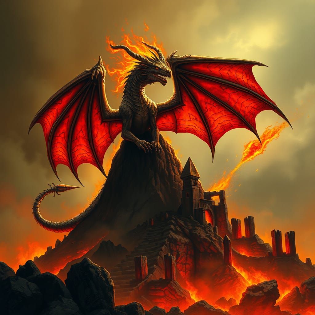 Fiery Balrog on Smoldering Mountain Ruins