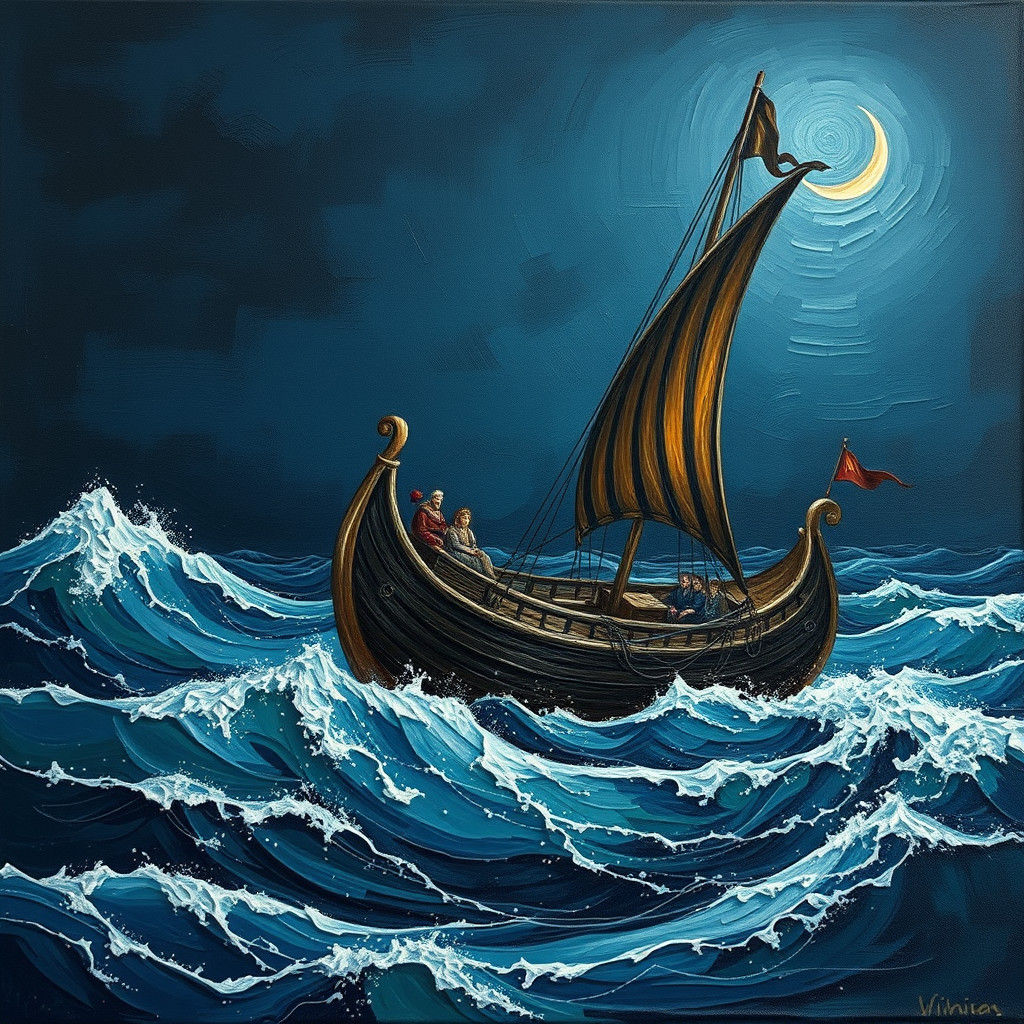 Viking Boat Adrift: Impasto Oil Painting