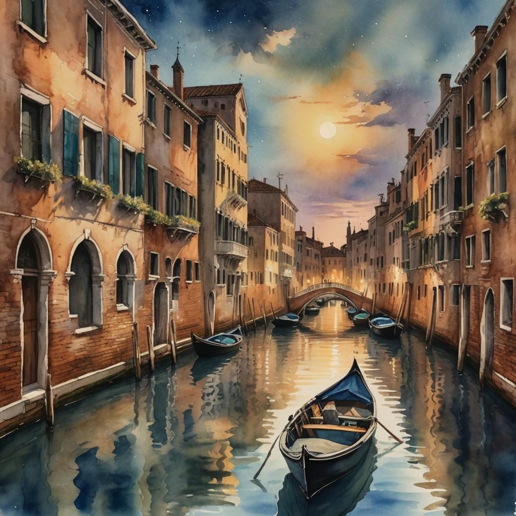Venice Canal at Night in Dreamy Watercolor