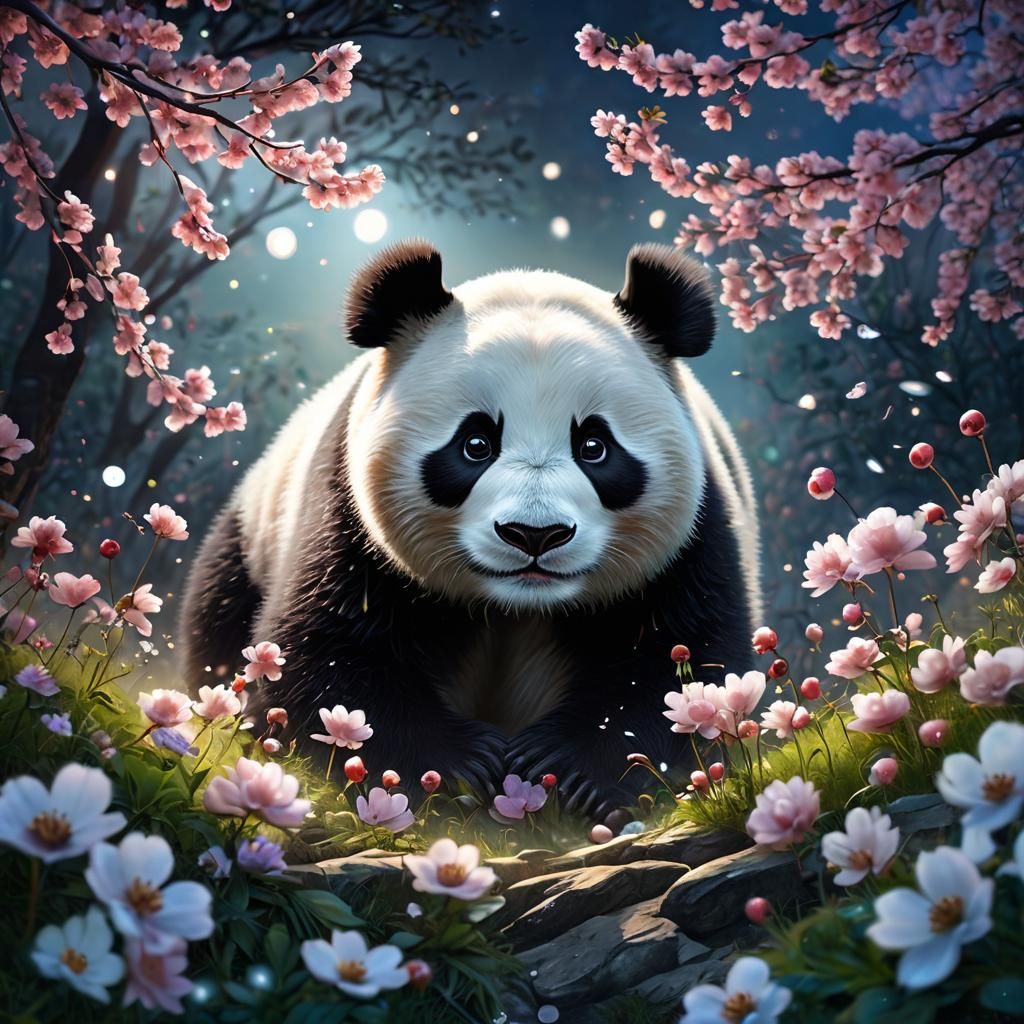 Charming Panda Sleeping in Cherry Blossoms