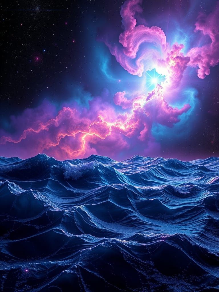 Celestial Dreamscape in Vibrant, Iridescent Nebula