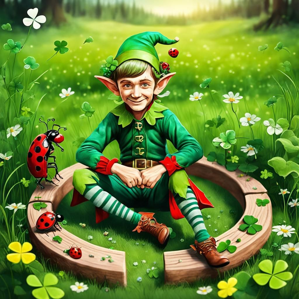 Lucky Elf in Meadow with Horseshoe