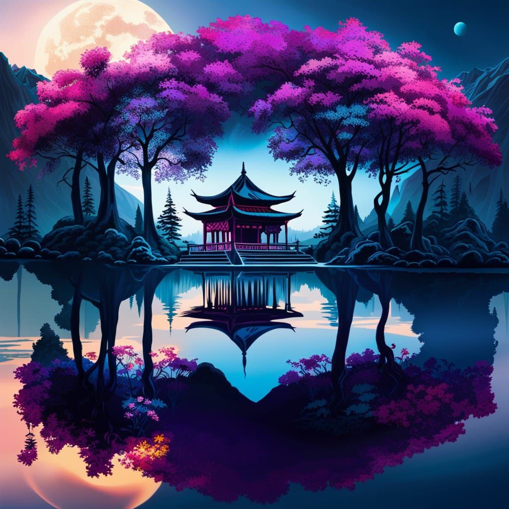 Utopian Forest Temple Under Purple Haze