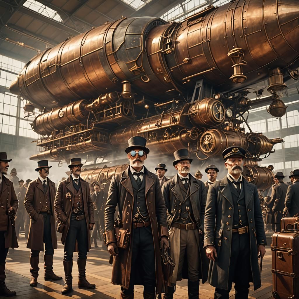 Steampunk Airport Scene Inspired by Verne and Miyazaki
