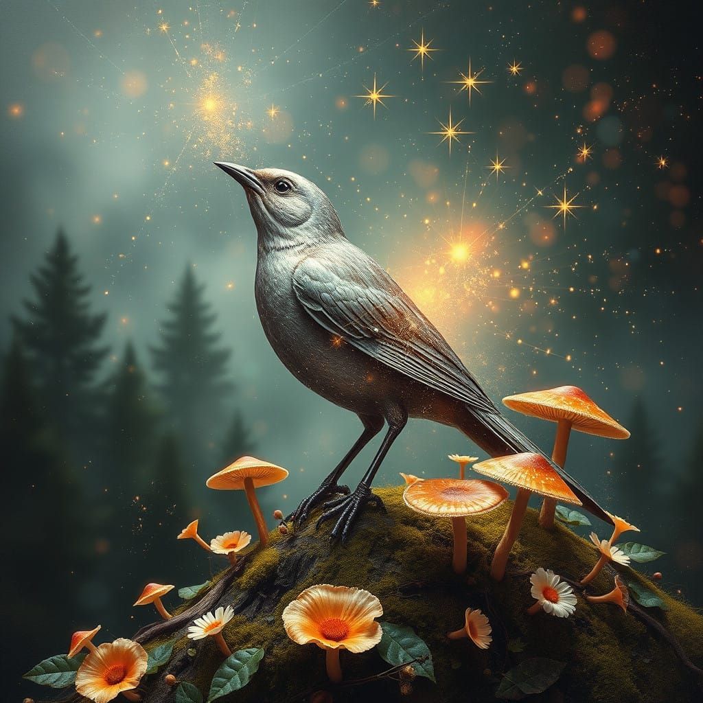Celestial Mushroom Bird in Vibrant Copper and Silver