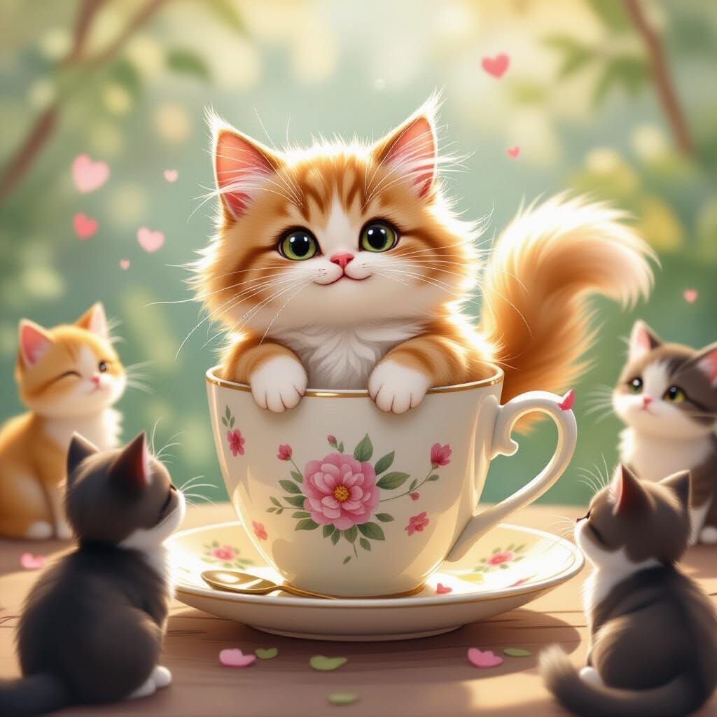 Whimsical Cat Overflowing from Cup with Friends
