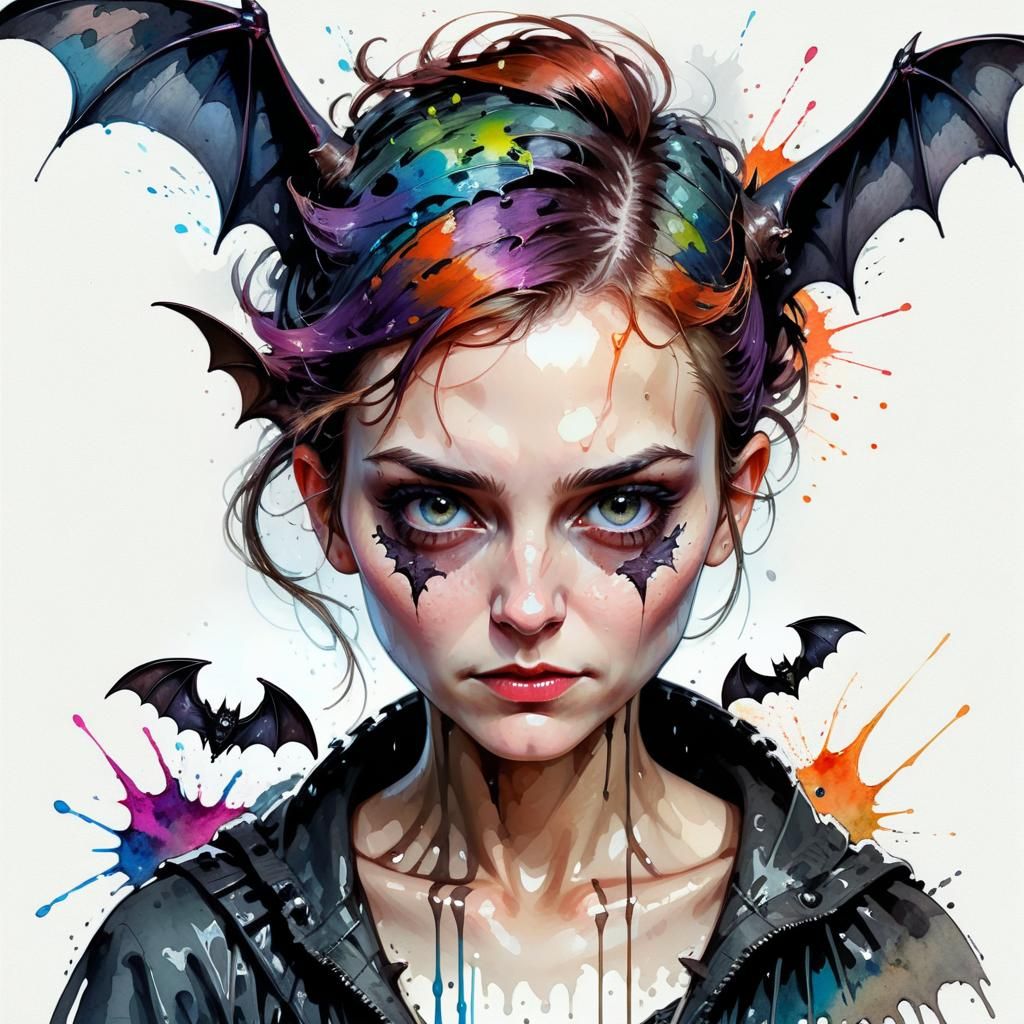 Fantasy Portrait: Woman with Bats in Hair, Watercolor Art