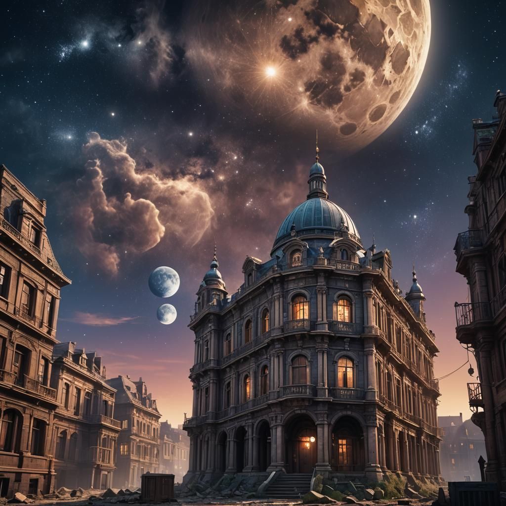 Old Building with Galaxy and Moon, Detailed Matte Painting