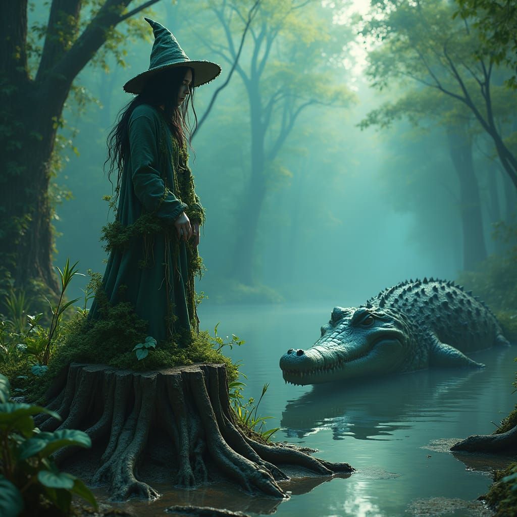 Mystical Swamp Witch and Crocodile in Dark Fantasy Style